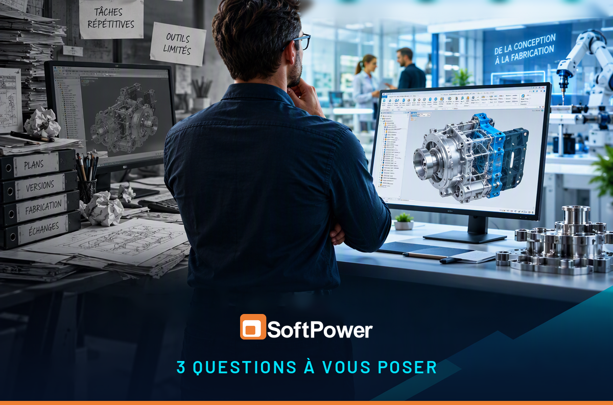 Ingénieur de bureau d'études face à un écran de logiciel de CAO affichant un modèle 3D, entre un poste encombré de plans papier et un atelier de fabrication moderne